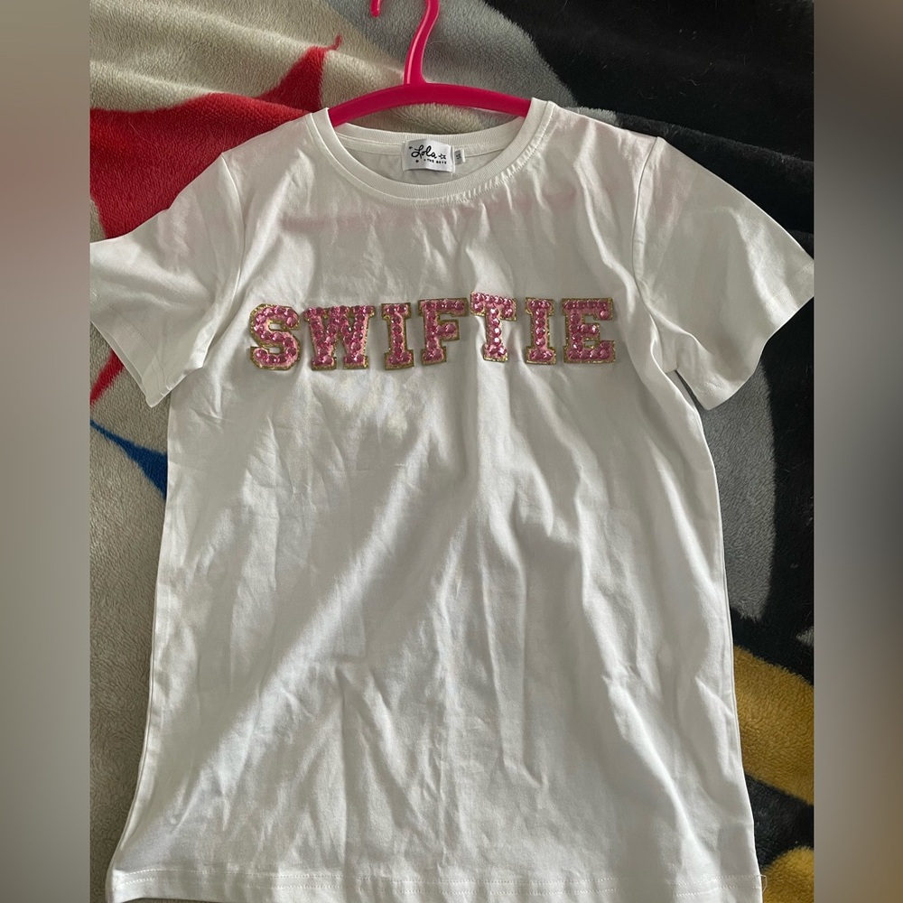 Lola + The Boys White T-Shirt with Pink rhinestone 'Swiftie' Design